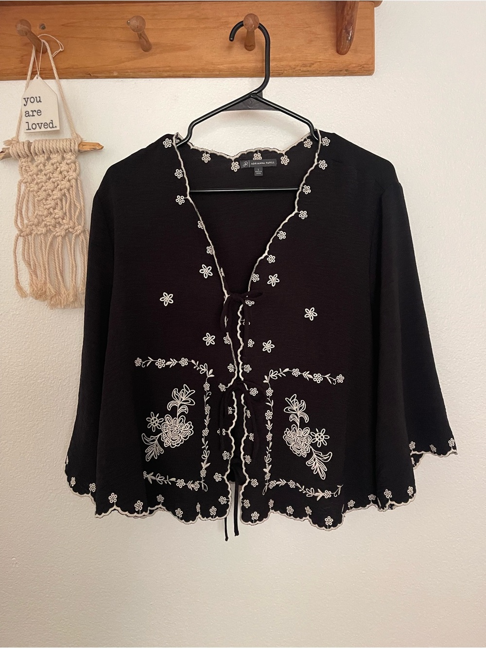 Adrianna Papell Black tie top with White Floral Embroidery